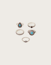 Gem Detail Bohemian Rings 5 Pack, Blue (TURQUOISE), large