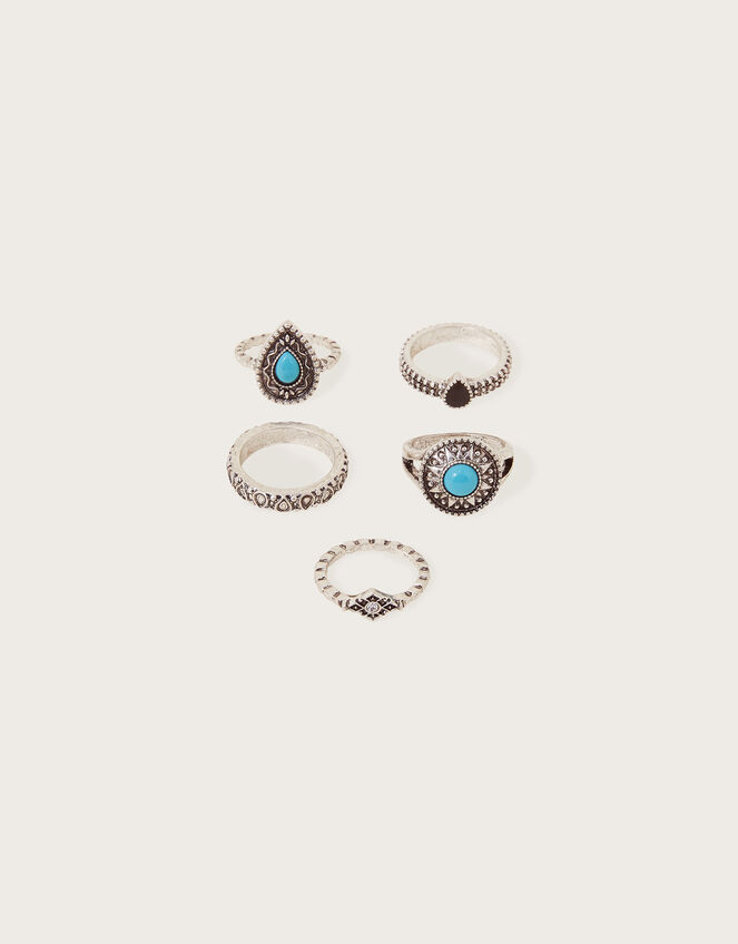 Gem Detail Bohemian Rings 5 Pack, Blue (TURQUOISE), large