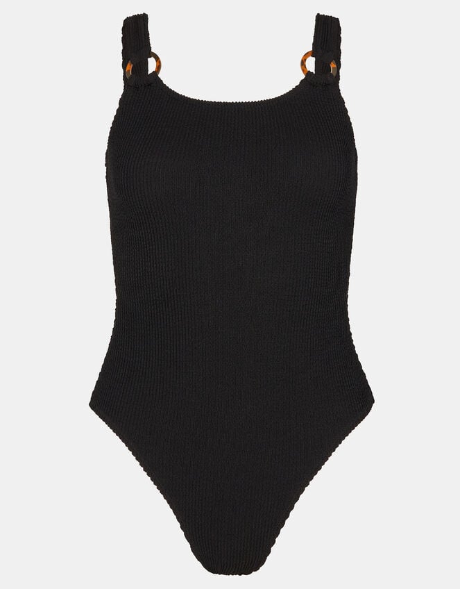 Strap Detail Crinkle Textured Swimsuit, Black (BLACK), large