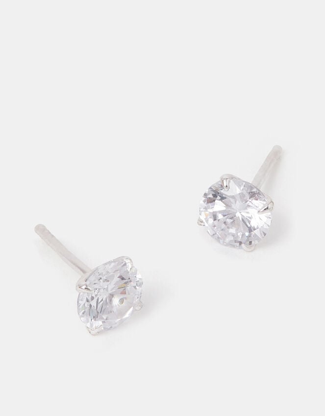 Sterling Silver Round Diamante Stud Earrings, , large