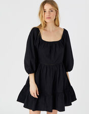 Puff Sleeve Dress in Organic Cotton, Black (BLACK), large