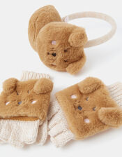 Girls Dog Faux Fur Earmuffs & Mittens Set, Tan (TAN), large