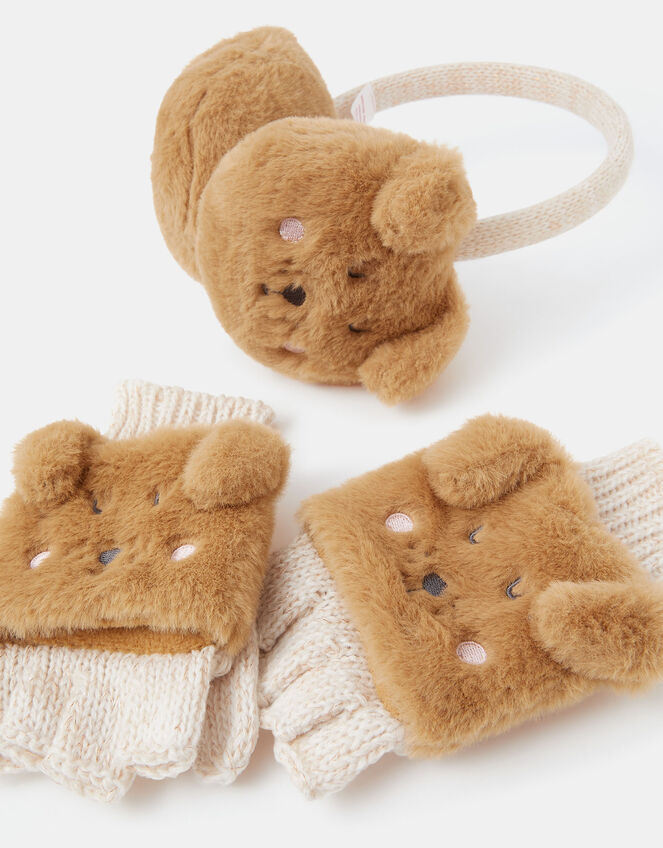 Girls Dog Faux Fur Earmuffs & Mittens Set, Tan (TAN), large