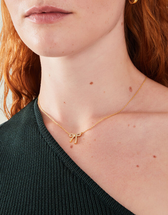 14ct Gold-Plated Diamante Bow Pendant Necklace, , large