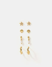 4-Pack 14ct Gold-Plated Shell Pearl Stud & Hoop Earrings, , large