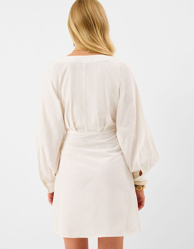 Long Sleeve Mini Wrap Dress, White (WHITE), large