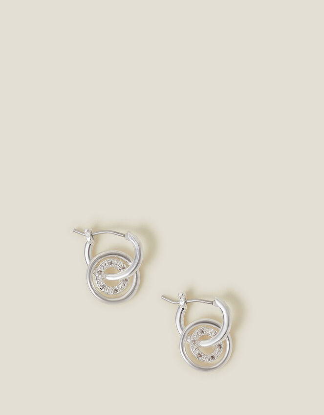 Sterling Silver-Plated Circle Charm Hoops, , large