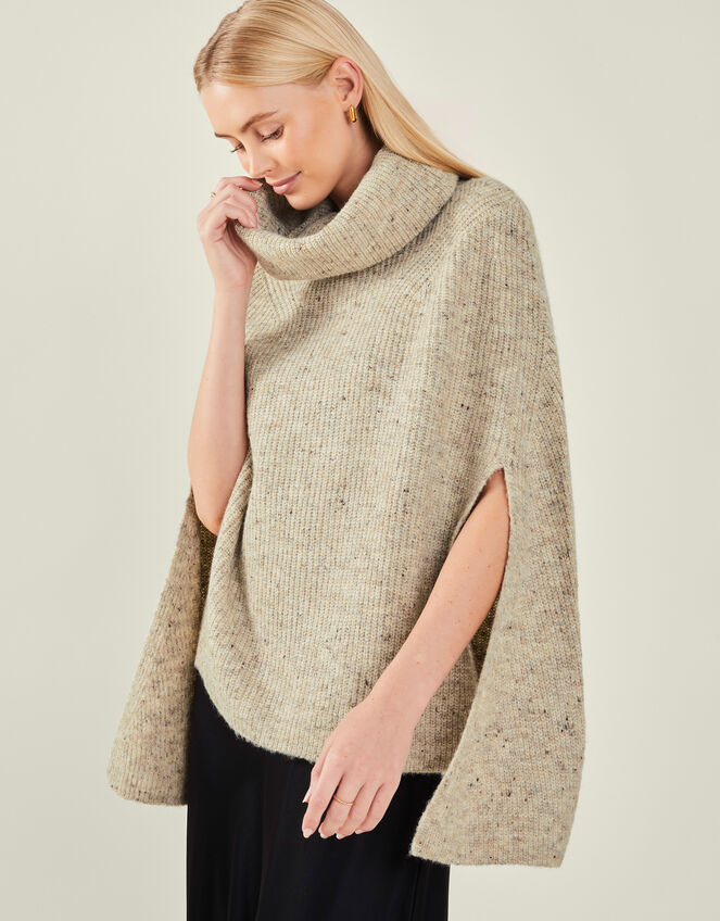 Roll Neck Knit Poncho, Camel (OATMEAL), large