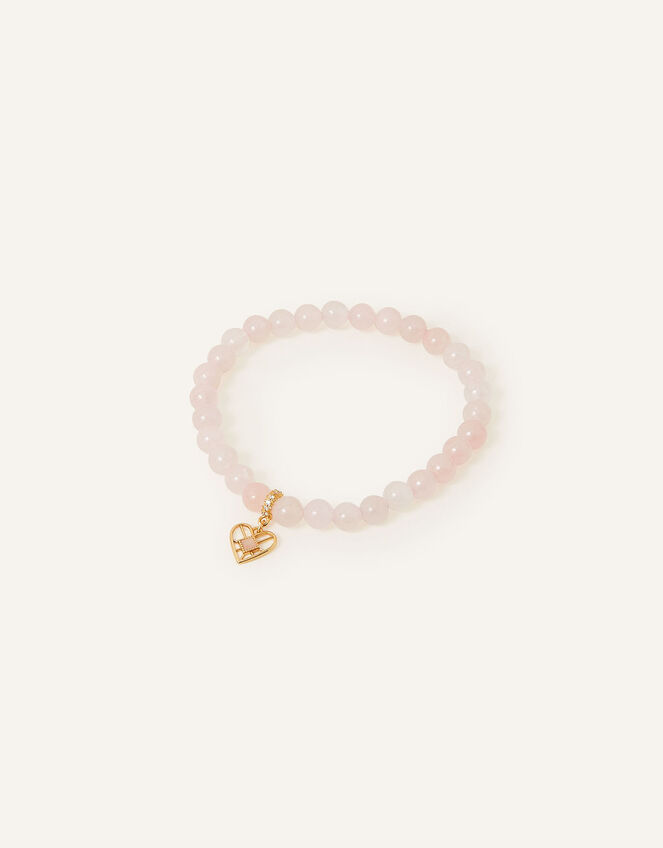 14ct Gold-Plated Rose Quartz Stone Charm Bracelet, , large