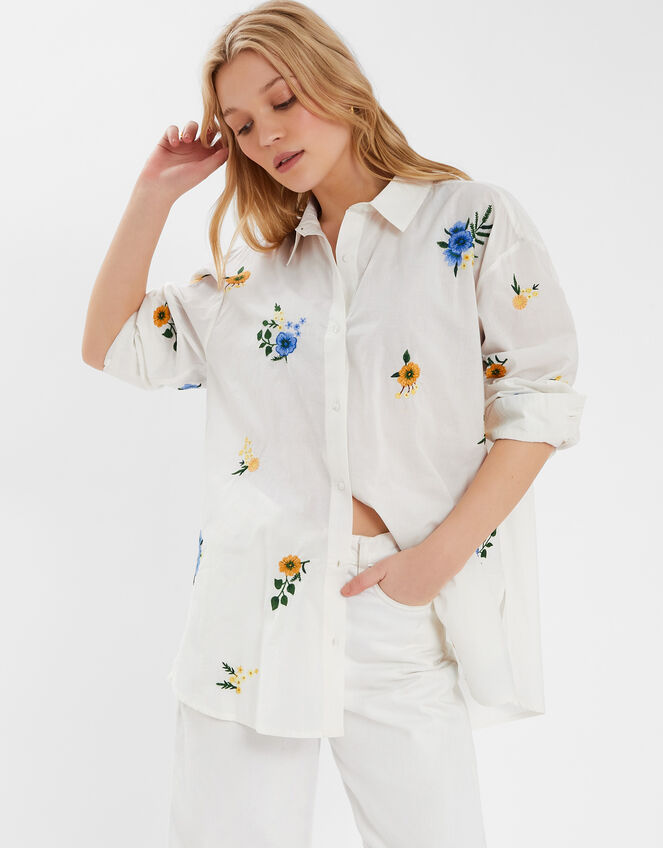 Floral Embroidered Cotton Shirt, White (WHITE), large
