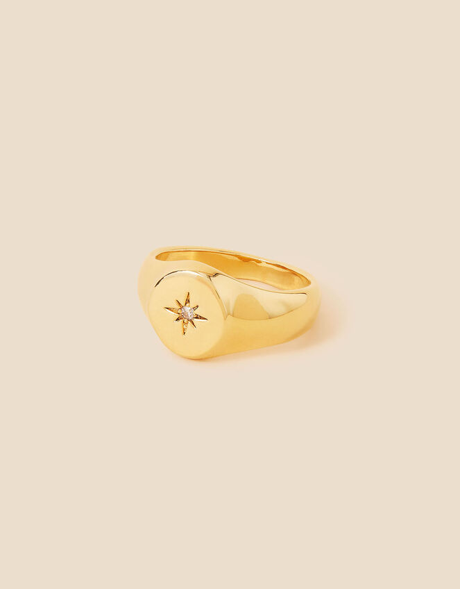 14ct Gold-Plated Sparkle Star Irregular Signet Ring, Gold (GOLD), large