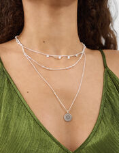 Filigree Coin Pendant Layered Necklace, Silver (SILVER), large