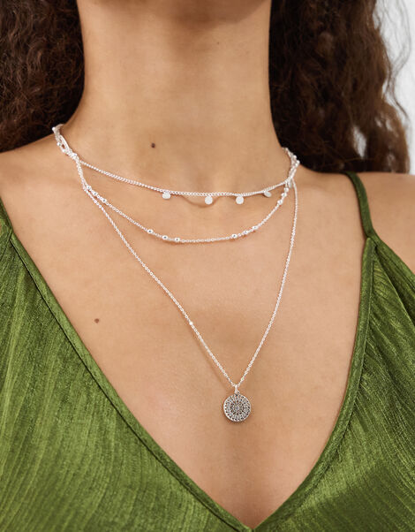 Filigree Coin Pendant Layered Necklace, Silver (SILVER), large