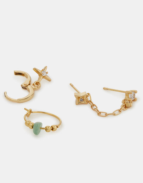 14ct Gold-Plated Quartz Healing Stone Stud & Hoop Earrings Set, Green (GREEN), large