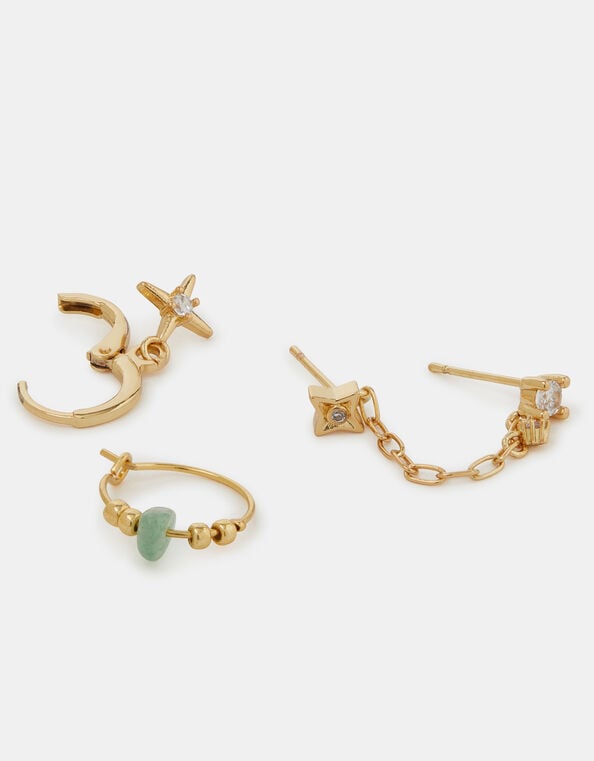 14ct Gold-Plated Quartz Healing Stone Stud & Hoop Earrings Set, Green (GREEN), large