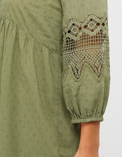 Lace Insert Smock Dress in Organic Cotton, Green (KHAKI), large