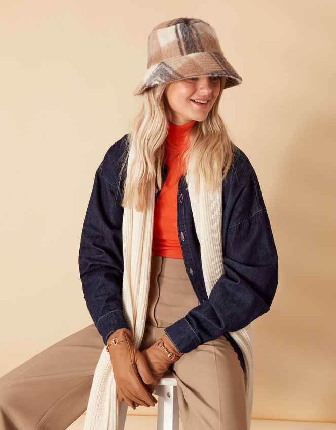 Neutral Bucket Hat, Leather Gloves and Scarf Set, , large