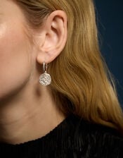 Sterling Silver-Plated Celestial Coin Charm Hoop Earrings, , large