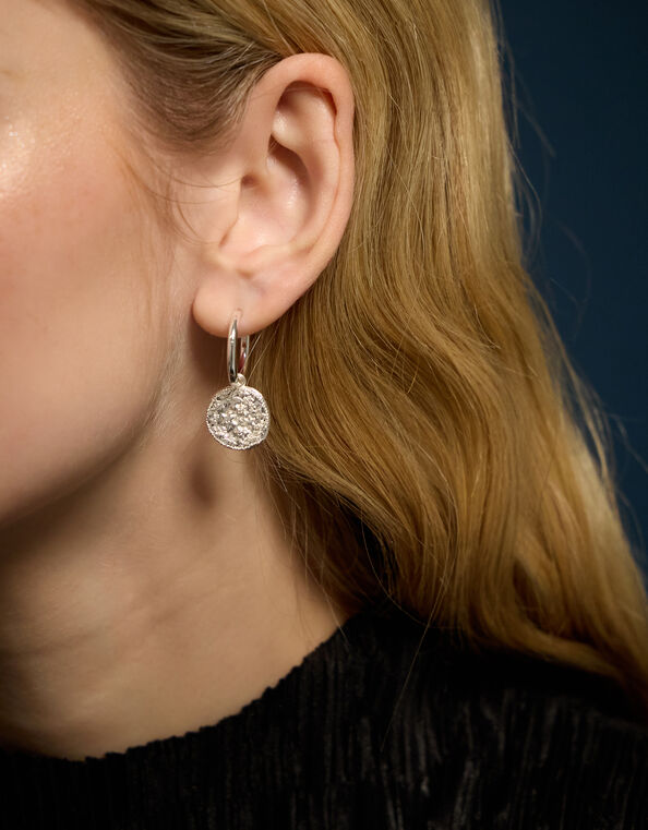 Sterling Silver-Plated Celestial Coin Charm Hoop Earrings, , large