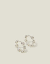Sterling Silver-Plated Flower Sparkle Hoop Earrings, , large