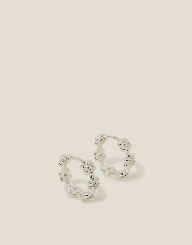 Sterling Silver-Plated Flower Sparkle Hoop Earrings, , large