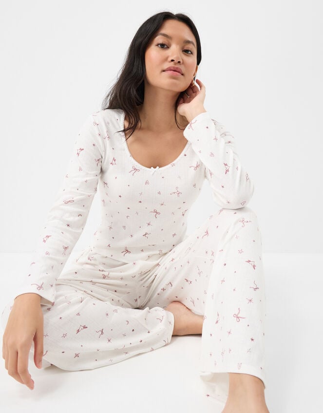 Printed Pointelle Long Pyjamas Set, Ivory (IVORY), large