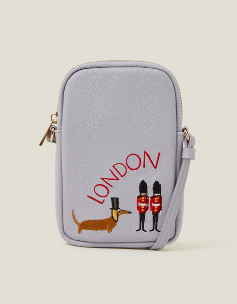 Embroidered London Sausage Dog Phone Bag, , large