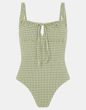 Gingham Seersucker Swimsuit, Green (KHAKI), large