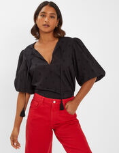 Puff Sleeve Cotton Blouse, Black (BLACK), large