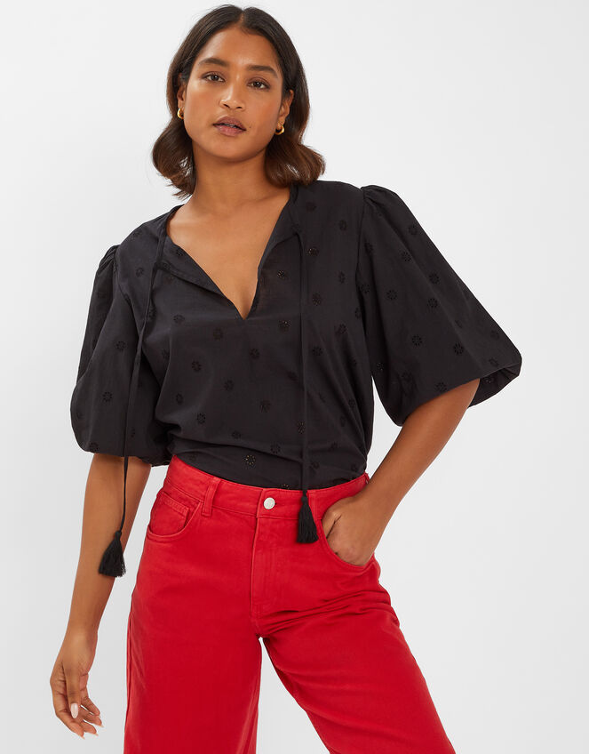 Puff Sleeve Cotton Blouse, Black (BLACK), large