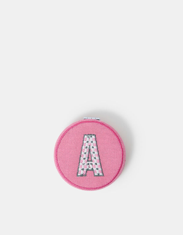 Initial Embroidered Compact Mirror, Pink (PINK), large