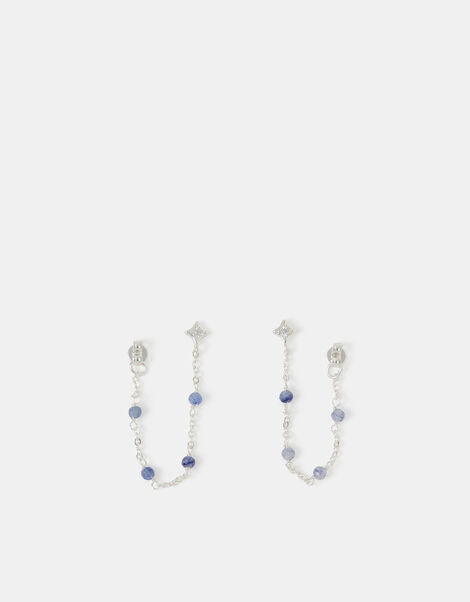 Sterling Silver-Plated Blue Quartz Chain Stud Earrings, , large