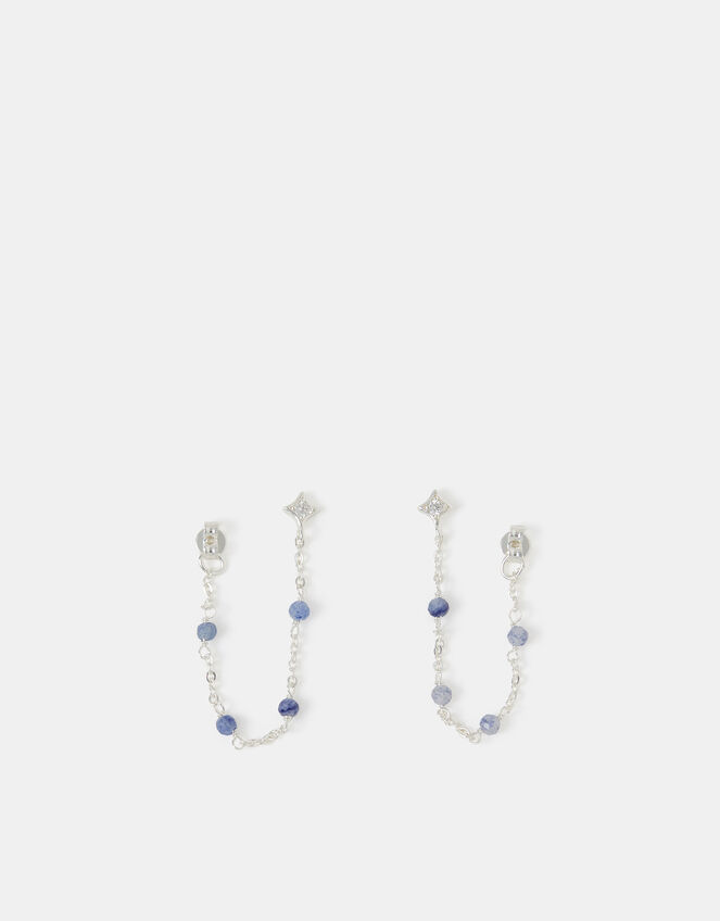 Sterling Silver-Plated Blue Quartz Chain Stud Earrings, , large