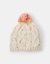 Girls Cable Knit Bobble Hat, Ivory (IVORY), large