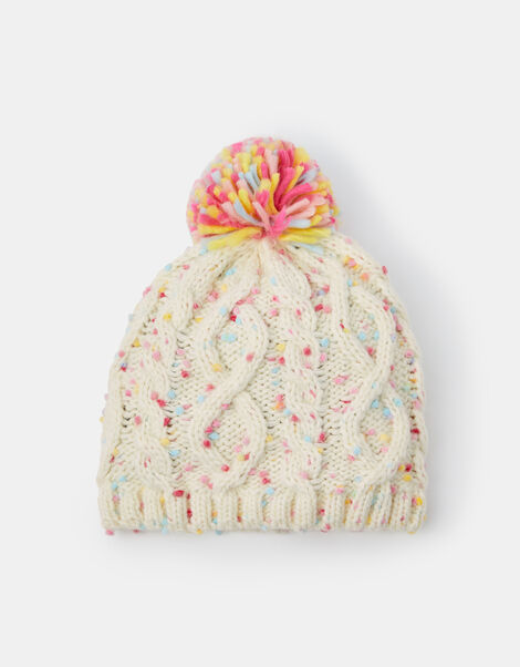 Girls Cable Knit Bobble Hat, Ivory (IVORY), large