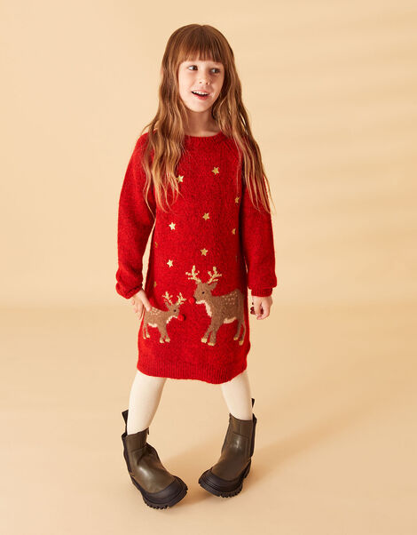 Girls Reindeer Christmas Dress Red, Red (RED), large