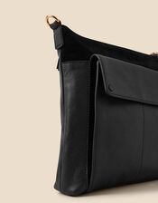 Large Fold Over Flap Leather Messenger Bag, Black (BLACK), large