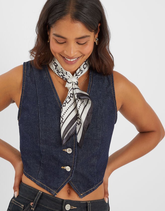 Monochrome Chain Print Satin Scarf, , large
