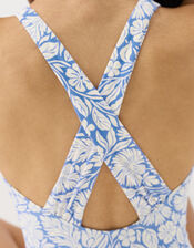 Floral Print Cross-Back Plunge Swimsuit, Blue (BLUE), large