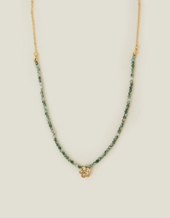 14ct Gold-Plated Flower Pendant Jade Bead Necklace, , large