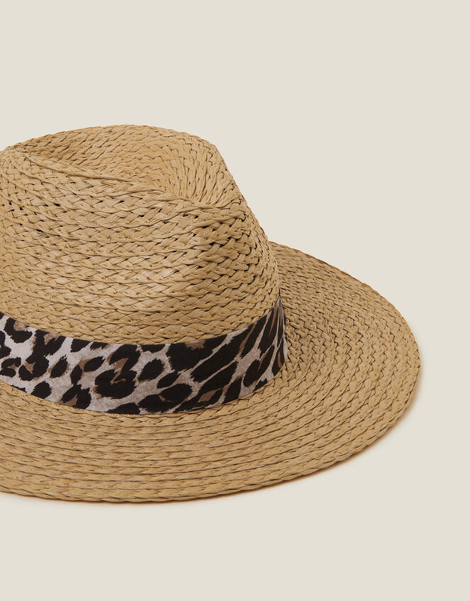 Leopard Trim Straw Fedora Hat Natural, , large