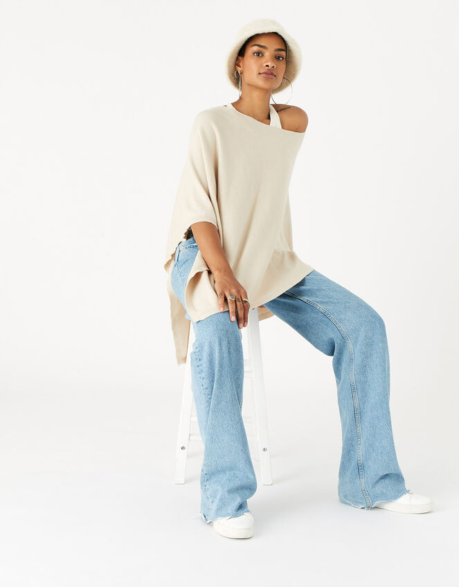 Lightweight Knit Poncho, Cream (CREAM), large