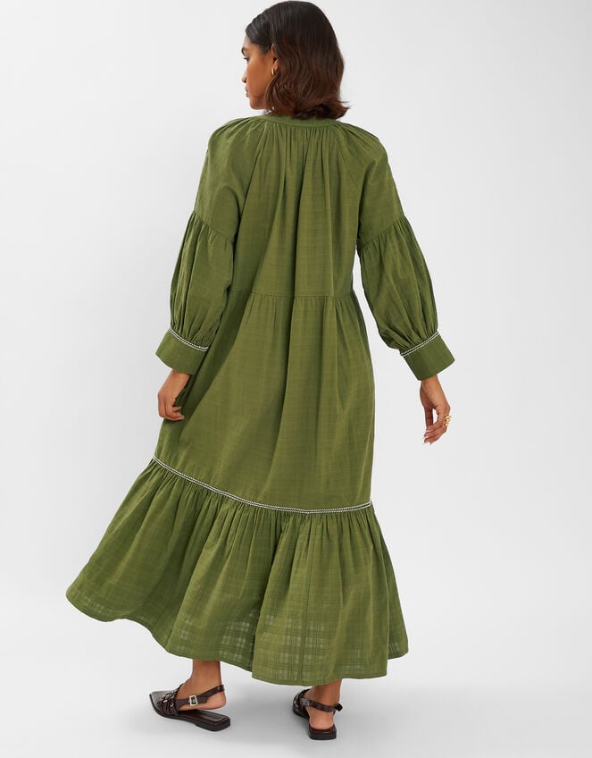 Long-Sleeve Tiered Maxi Dress, Green (KHAKI), large