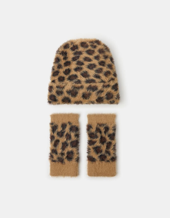 Leopard Print Beanie Hat & Gloves Set, , large
