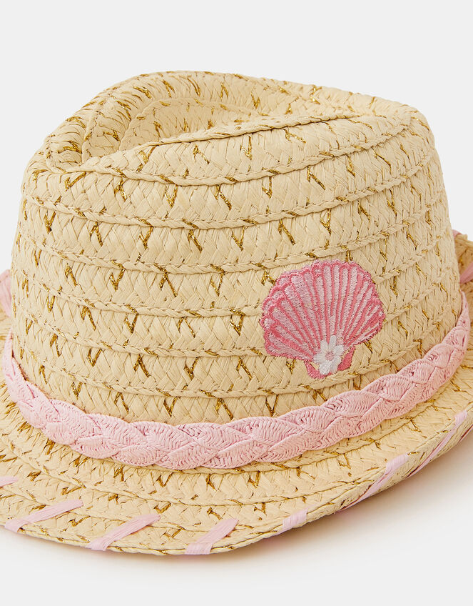 Girls Seashell Straw Trilby Hat, Natural (NATURAL), large