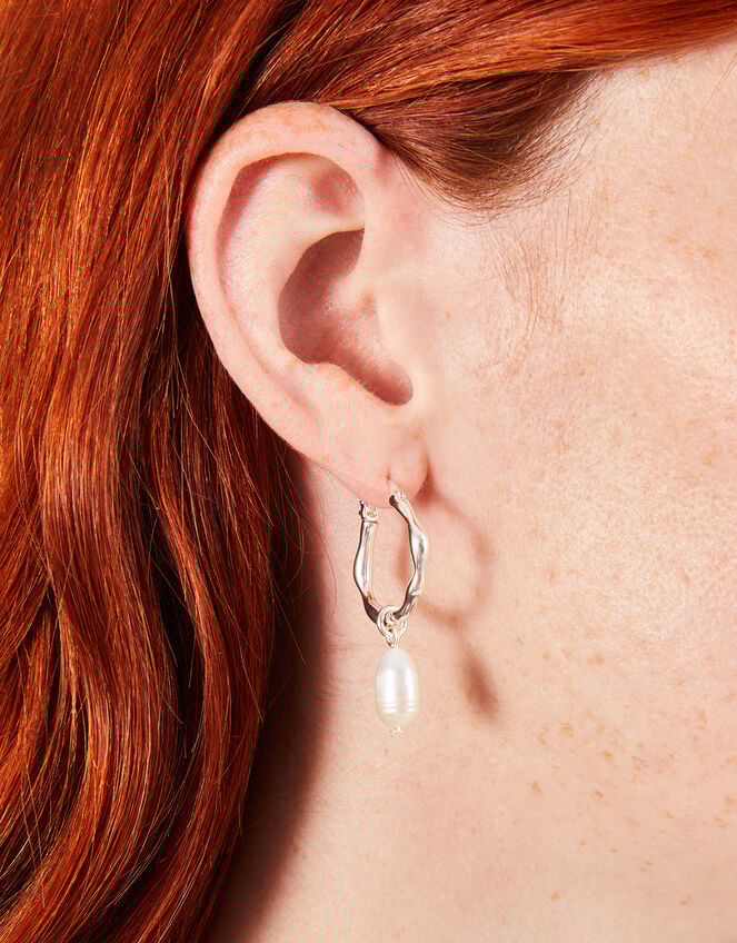 Sterling Silver-Plated Molten Pearl Drop Hoops, , large
