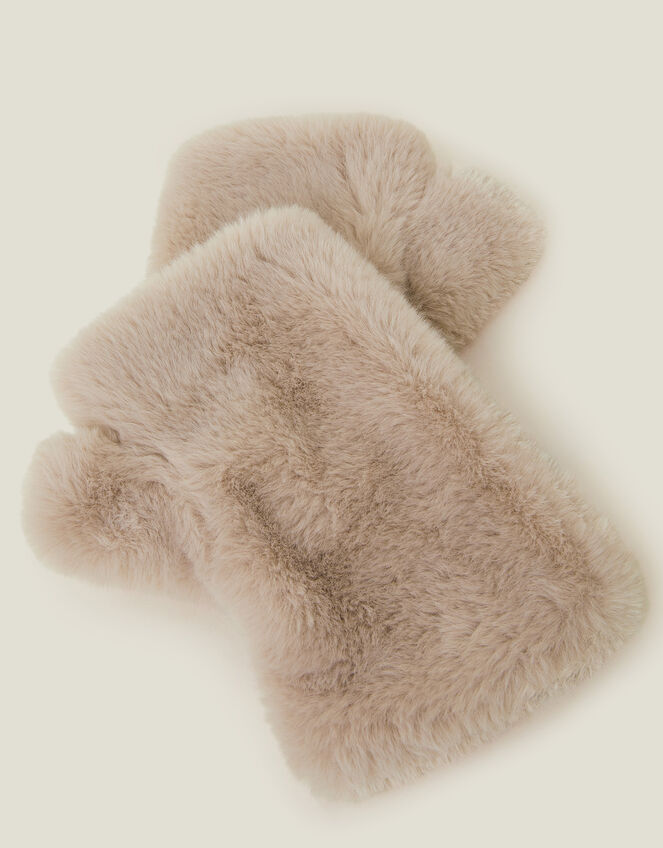 Faux Fur Fingerless Mittens, Natural (NATURAL), large