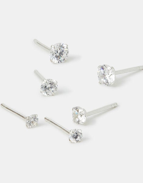3-Pack Crystal Sterling Silver Stud Earrings, , large