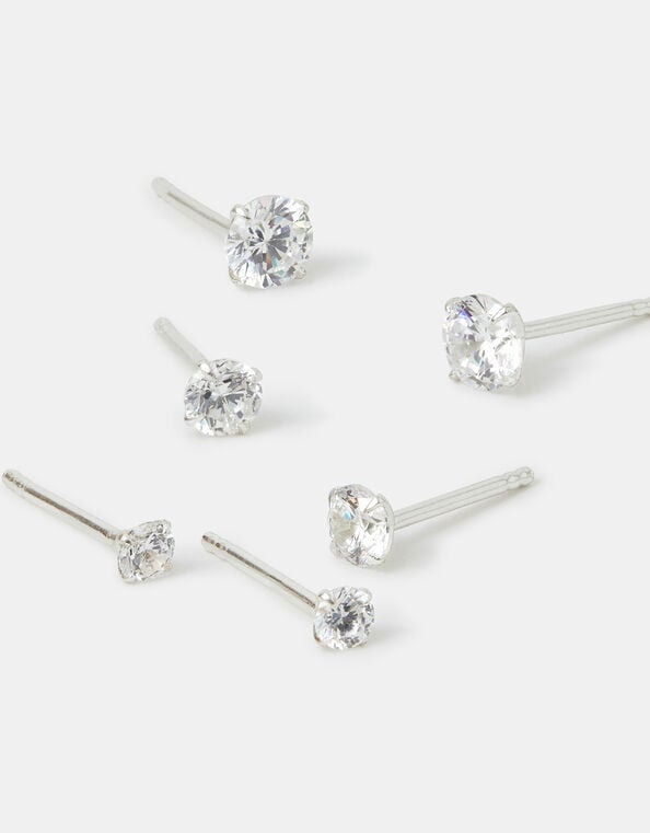 3-Pack Crystal Sterling Silver Stud Earrings, , large