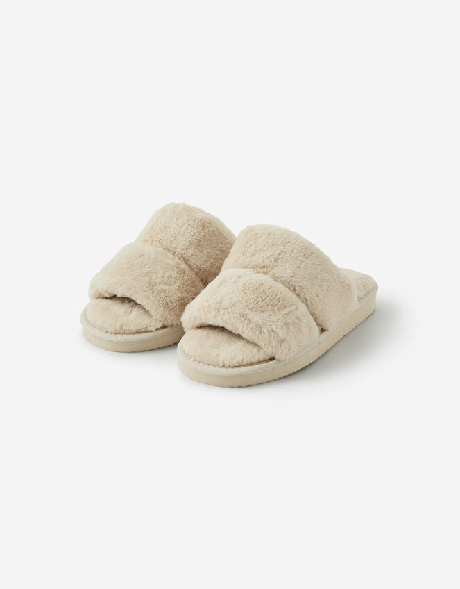Platform Faux Fur Double Band Sliders, Natural (NATURAL), large